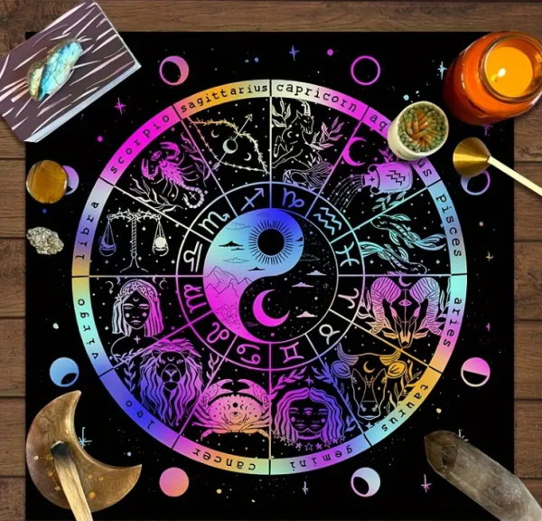 Alternativtext für Bilder: Tarot Decke Ying und Yang mit 12 Sternzeichen 75cm – Spirituelle Tarot-Unterlage von Manoja-Esoterik